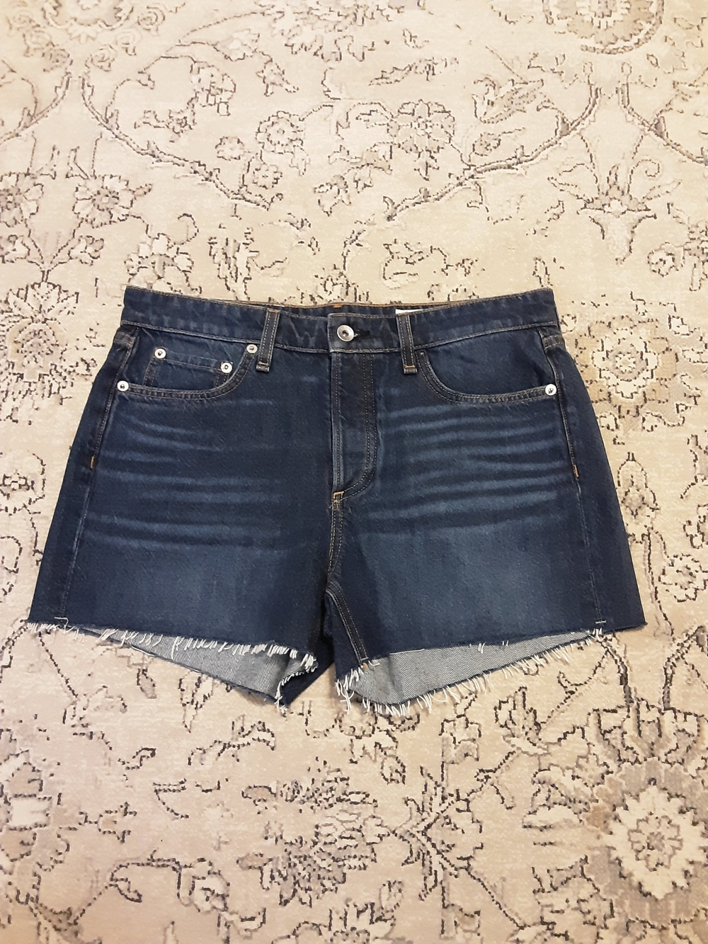 Rag & Bone Dark Blue Frayed Hem Denim Shorts